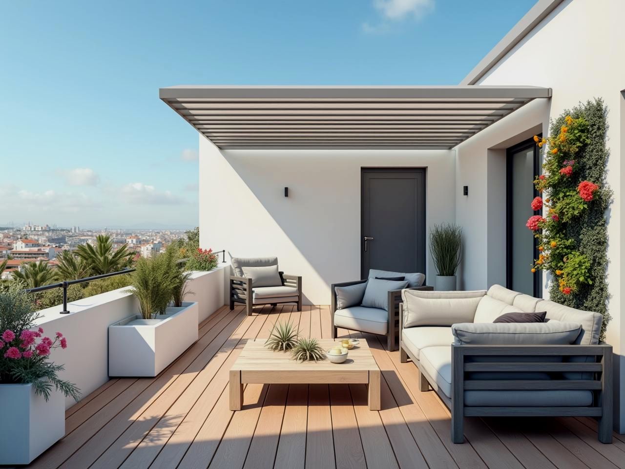 Terrassa amb jardinera, tarima i pèrgola